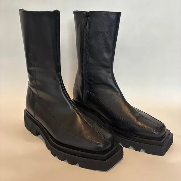 Alohas womens black Block Leather square toe Chunky Sole light Boots size 40