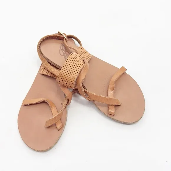 Ancient Greek Sandals Tan Lasercut Flat Leather Sandals Size 37 US 7 Perforated
