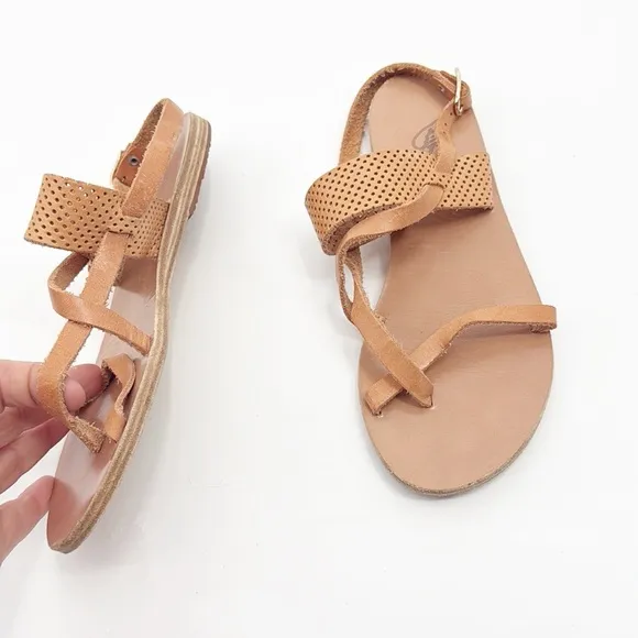 Ancient Greek Sandals Tan Lasercut Flat Leather Sandals Size 37 US 7 Perforated