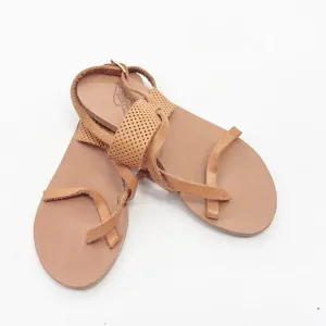 Ancient Greek Sandals Tan Lasercut Flat Leather Sandals Size 37 US 7 Perforated