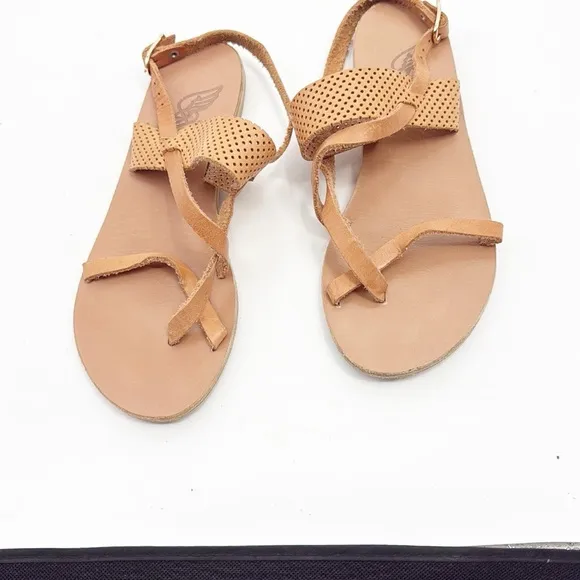 Ancient Greek Sandals Tan Lasercut Flat Leather Sandals Size 37 US 7 Perforated