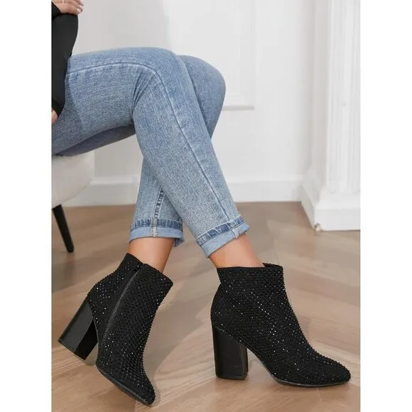 Ankle Boots for Women Sexy Black Bling Rhinestone High Heeled Short Booties