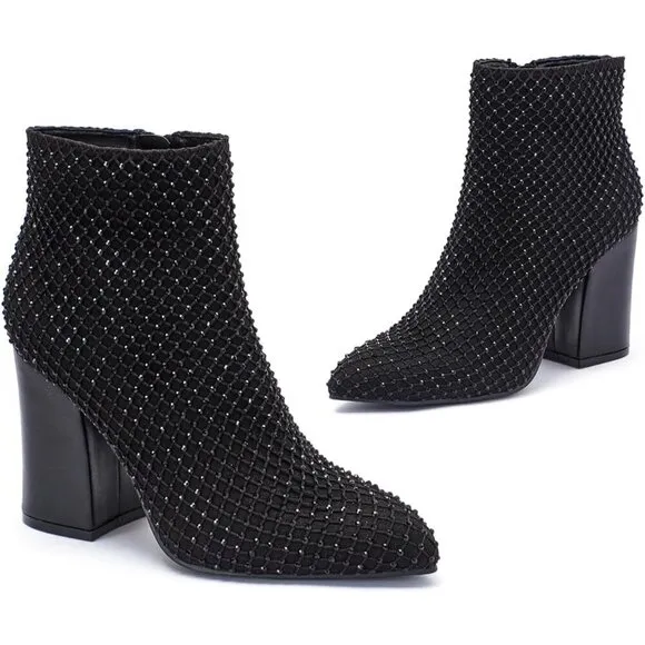 Ankle Boots for Women Sexy Black Bling Rhinestone High Heeled Short Booties