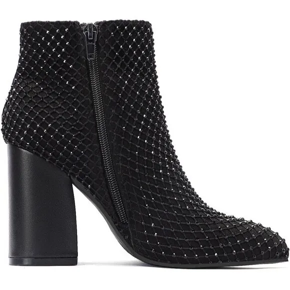 Ankle Boots for Women Sexy Black Bling Rhinestone High Heeled Short Booties
