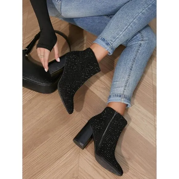 Ankle Boots for Women Sexy Black Bling Rhinestone High Heeled Short Booties