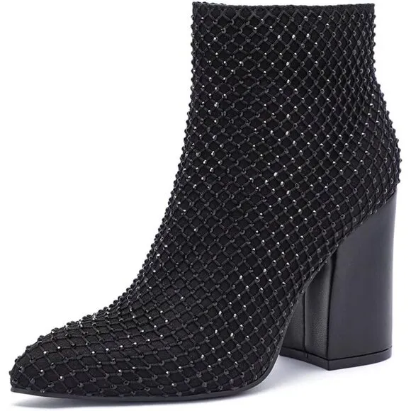 Ankle Boots for Women Sexy Black Bling Rhinestone High Heeled Short Booties