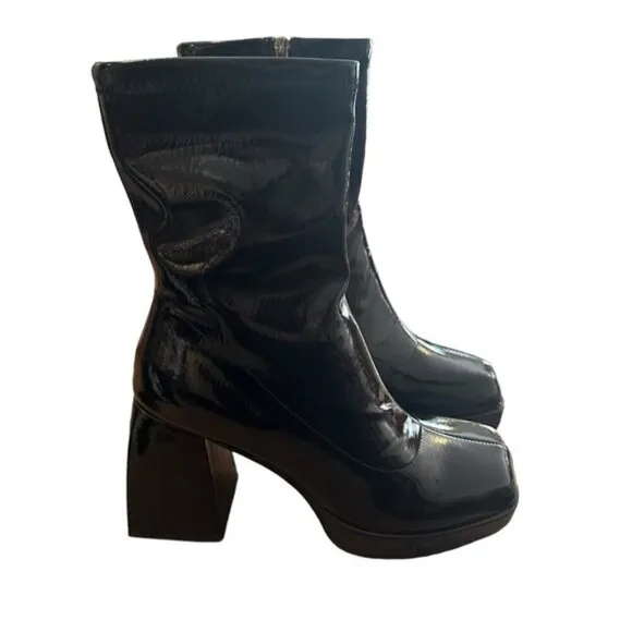 Ann Creek Patent Block Heel Square Toe Platform Stretch Shaft Ankle Boots