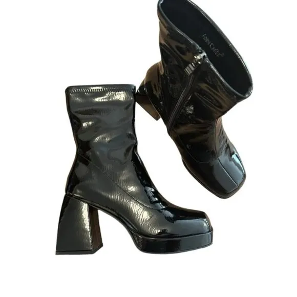 Ann Creek Patent Block Heel Square Toe Platform Stretch Shaft Ankle Boots