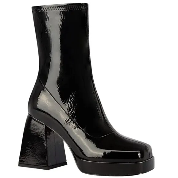 Ann Creek Patent Block Heel Square Toe Platform Stretch Shaft Ankle Boots