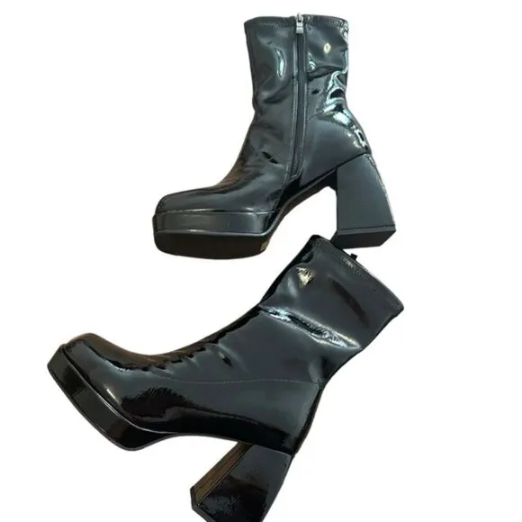 Ann Creek Patent Block Heel Square Toe Platform Stretch Shaft Ankle Boots