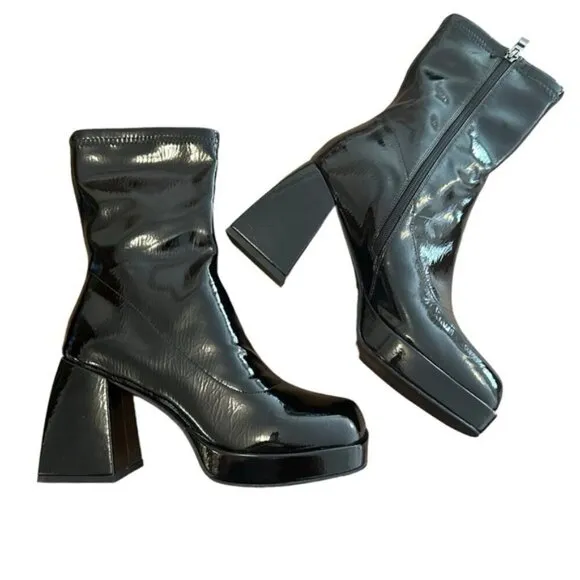 Ann Creek Patent Block Heel Square Toe Platform Stretch Shaft Ankle Boots
