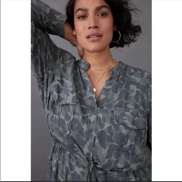 ANTHROPOLOGIE Camo Mini Dress Shirtdress Button Front Size XSP NWT
