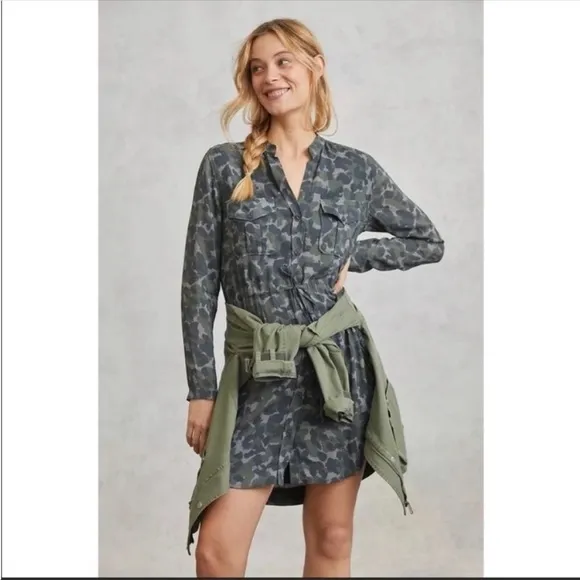 ANTHROPOLOGIE Camo Mini Dress Shirtdress Button Front Size XSP NWT
