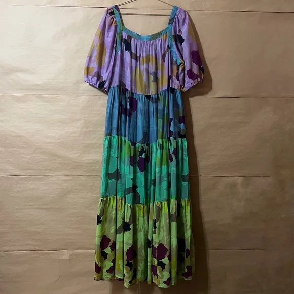 Anthropologie | Caroline Tiered Maxi Dress Floral Cotton Silk Popover Size XL