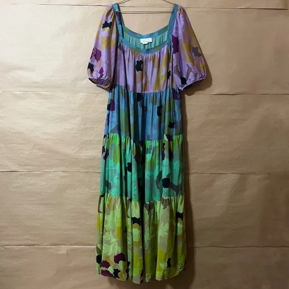 Anthropologie | Caroline Tiered Maxi Dress Floral Cotton Silk Popover Size XL