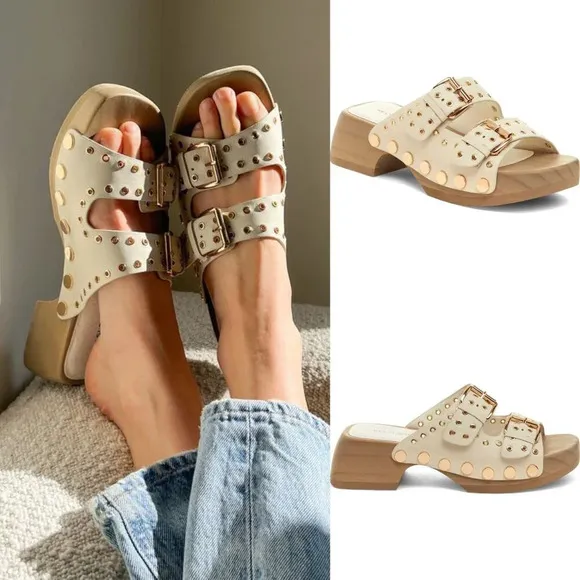 Anthropologie Kelsi Dagger Brooklyn Jolt Studded Heeled Sandals in Salt SZ8 $175