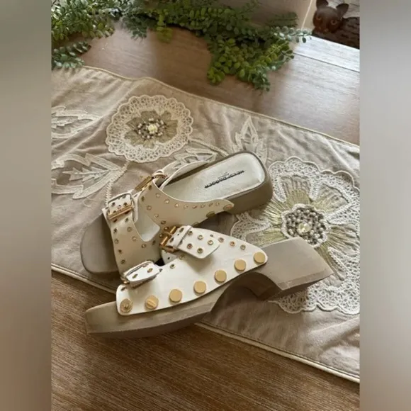 Anthropologie Kelsi Dagger Brooklyn Jolt Studded Heeled Sandals in Salt SZ8 $175