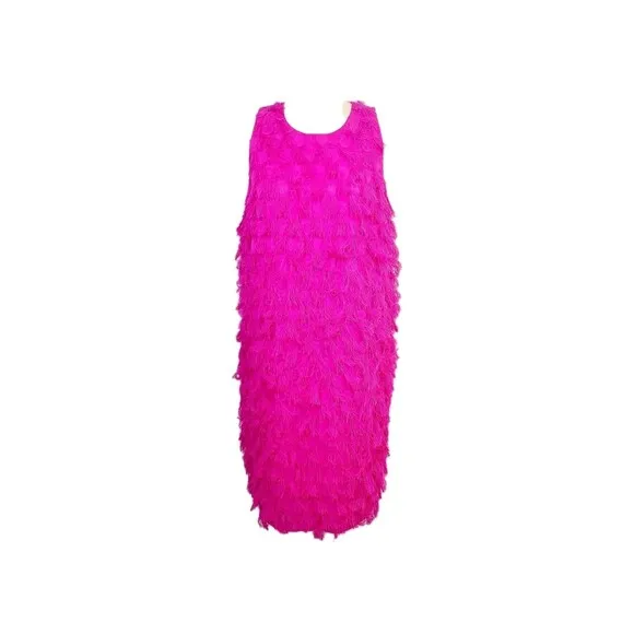 anthropologie Roxie Dress 16 Bright Pink Feathery Fringed Sleeveless Shift
