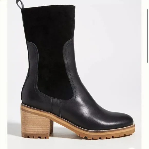 Anthropologie Silent D Brink Heeled Boots Black Leather &amp; Suede EU 36 NWOB
