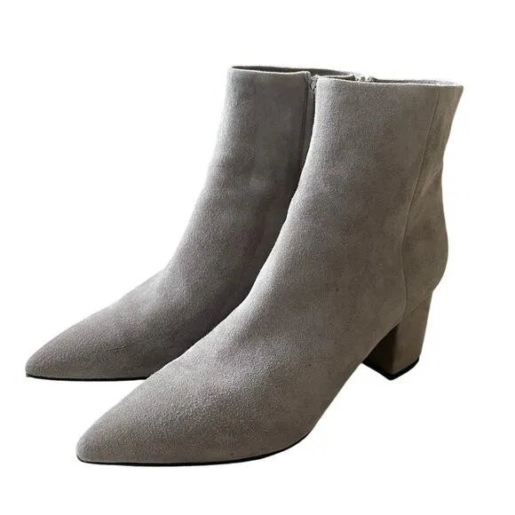 Anthropologie Womans 7 Suede Ankle Boots Stack Heel Pointed Toe Booties Gray EUC