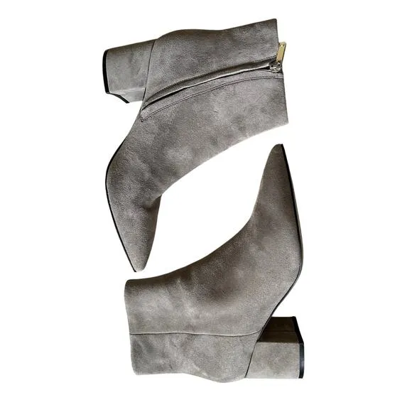 Anthropologie Womans 7 Suede Ankle Boots Stack Heel Pointed Toe Booties Gray EUC