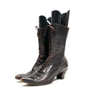 Antique 1910s Edwardian chocolate brown leather pointed toe lace up granny boots