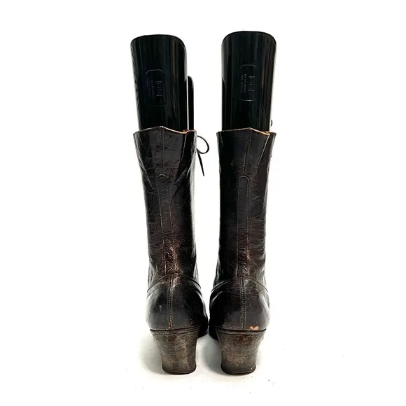 Antique 1910s Edwardian chocolate brown leather pointed toe lace up granny boots