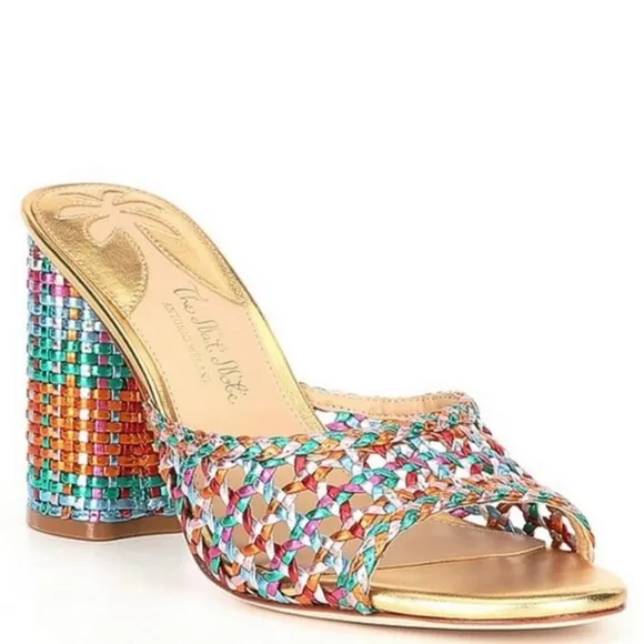 Antonio Melani The Nat Note Rainbow Woven Leather Metallic Heel Sandals Size 6.5