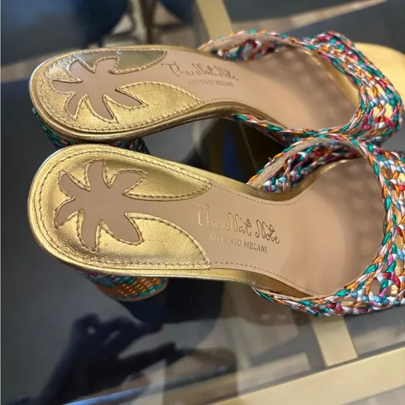 Antonio Melani The Nat Note Rainbow Woven Leather Metallic Heel Sandals Size 6.5
