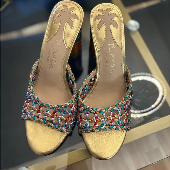Antonio Melani The Nat Note Rainbow Woven Leather Metallic Heel Sandals Size 6.5
