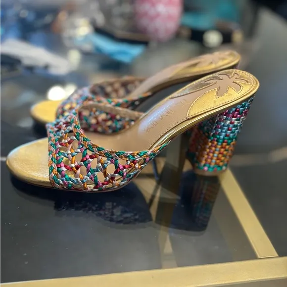 Antonio Melani The Nat Note Rainbow Woven Leather Metallic Heel Sandals Size 6.5