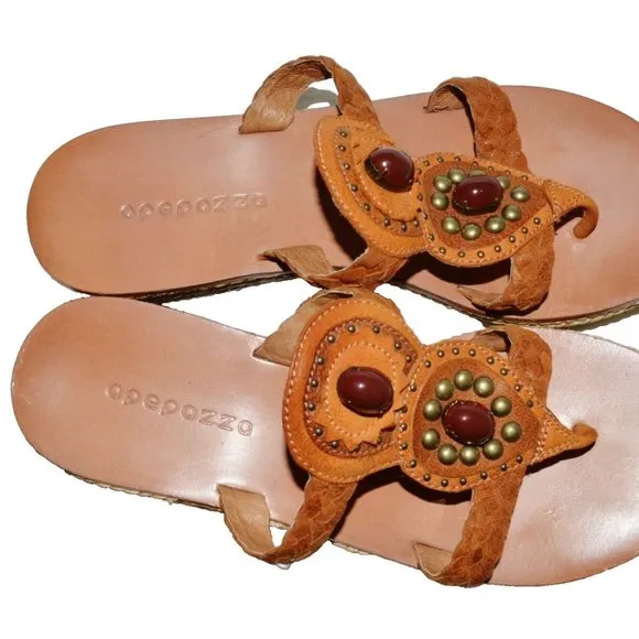 APEPAZZA NEW SZ 8 M 38.5 BROWN STUDDED LEATHER JUTE PLATFORM THONG SANDALS
