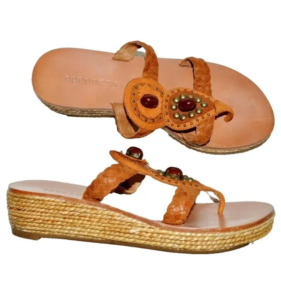 APEPAZZA NEW SZ 8 M 38.5 BROWN STUDDED LEATHER JUTE PLATFORM THONG SANDALS
