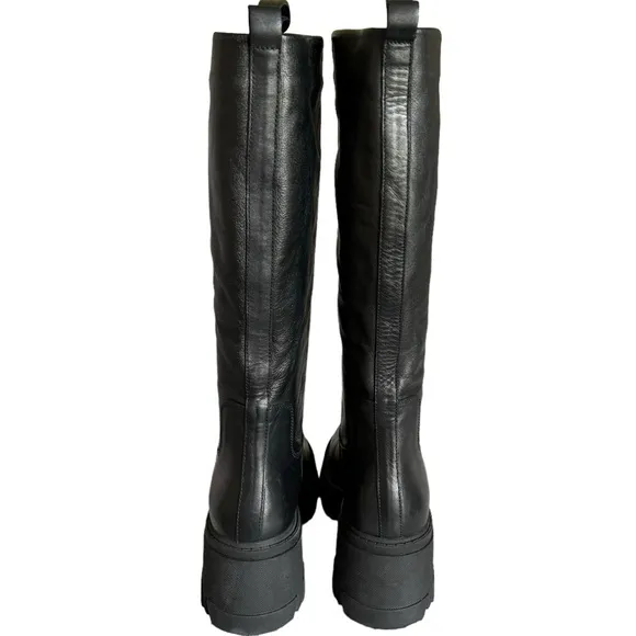 AQUA Goal Black Leather Round Toe Chunky Heel Knee High Boots Women’s