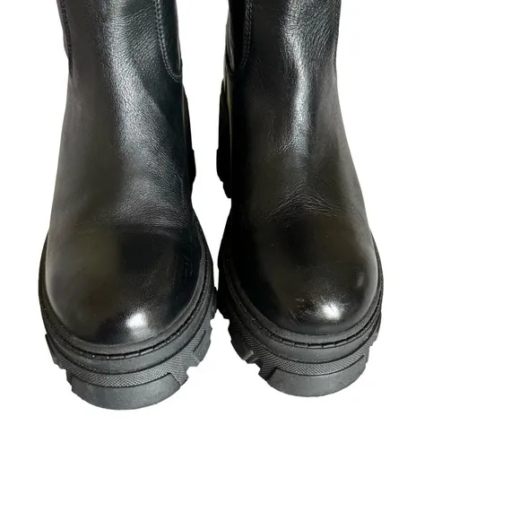 AQUA Goal Black Leather Round Toe Chunky Heel Knee High Boots Women’s