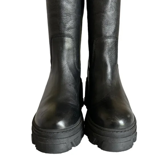 AQUA Goal Black Leather Round Toe Chunky Heel Knee High Boots Women’s