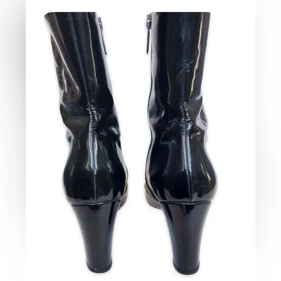 Aquatalia Black Patent Leather Heeled Boots with Chunky Heel Size 9.5