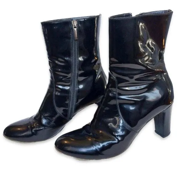Aquatalia Black Patent Leather Heeled Boots with Chunky Heel Size 9.5
