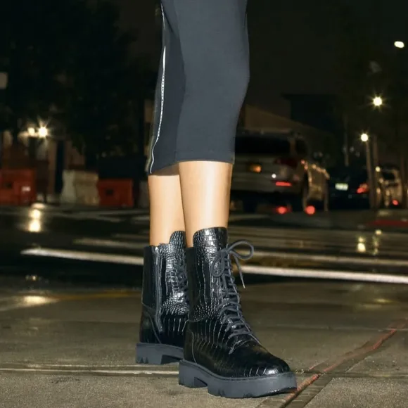 Aquatalia Green Leather Croc Embossed Combat Boots 5