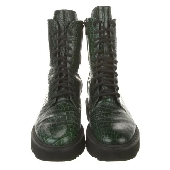 Aquatalia Green Leather Croc Embossed Combat Boots 5