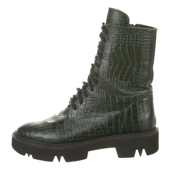 Aquatalia Green Leather Croc Embossed Combat Boots 5