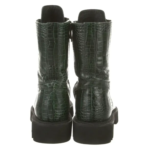 Aquatalia Green Leather Croc Embossed Combat Boots 5