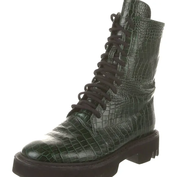 Aquatalia Green Leather Croc Embossed Combat Boots 5