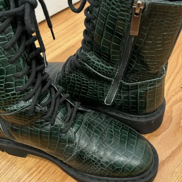 Aquatalia Green Leather Croc Embossed Combat Boots 5