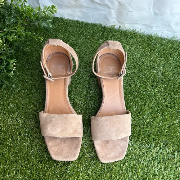 Aquatalia Hildy ankle strap block heel Taupe Suede Sandals Sz 7 gently used
