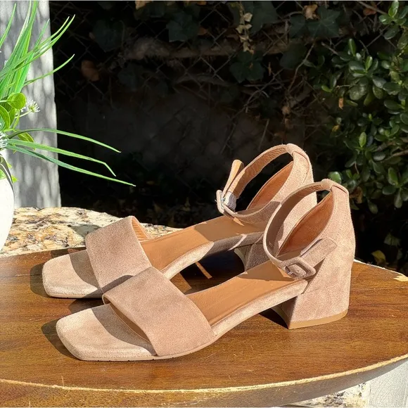Aquatalia Hildy ankle strap block heel Taupe Suede Sandals Sz 7 gently used