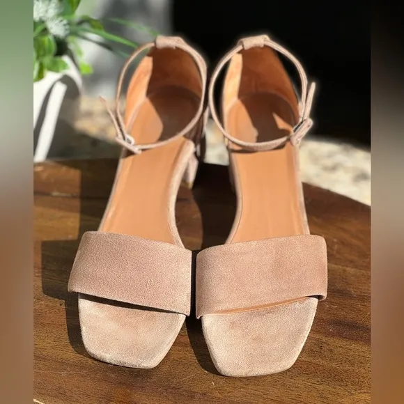 Aquatalia Hildy ankle strap block heel Taupe Suede Sandals Sz 7 gently used