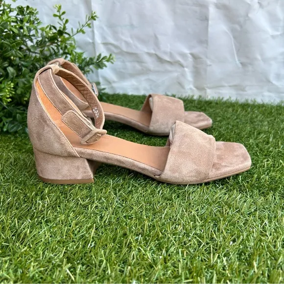 Aquatalia Hildy ankle strap block heel Taupe Suede Sandals Sz 7 gently used