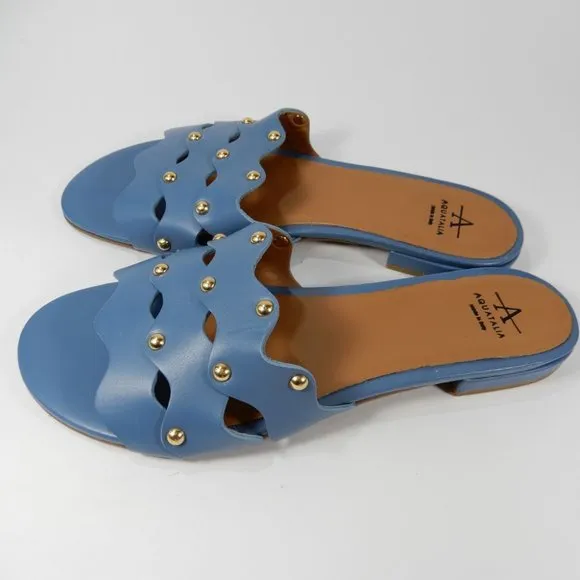 Aquatalia Torri Flat Slide SANDALS Size Blue 8.5 Leather Studded NEW $295