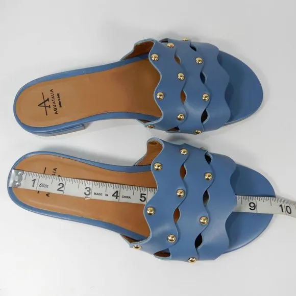 Aquatalia Torri Flat Slide SANDALS Size Blue 8.5 Leather Studded NEW $295